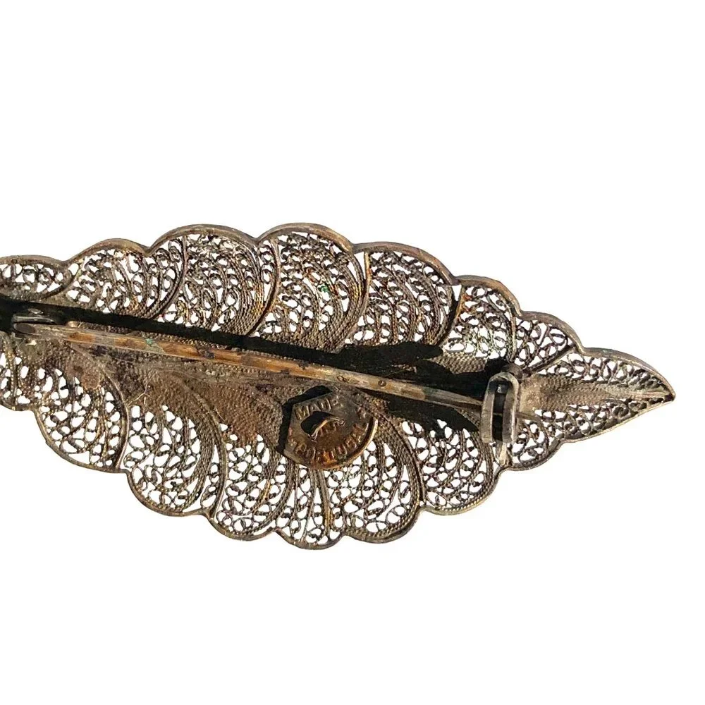 vintage filigree leaf pin brooch Portuguese brass tone delicate Victorian nature - Picture 12 of 16